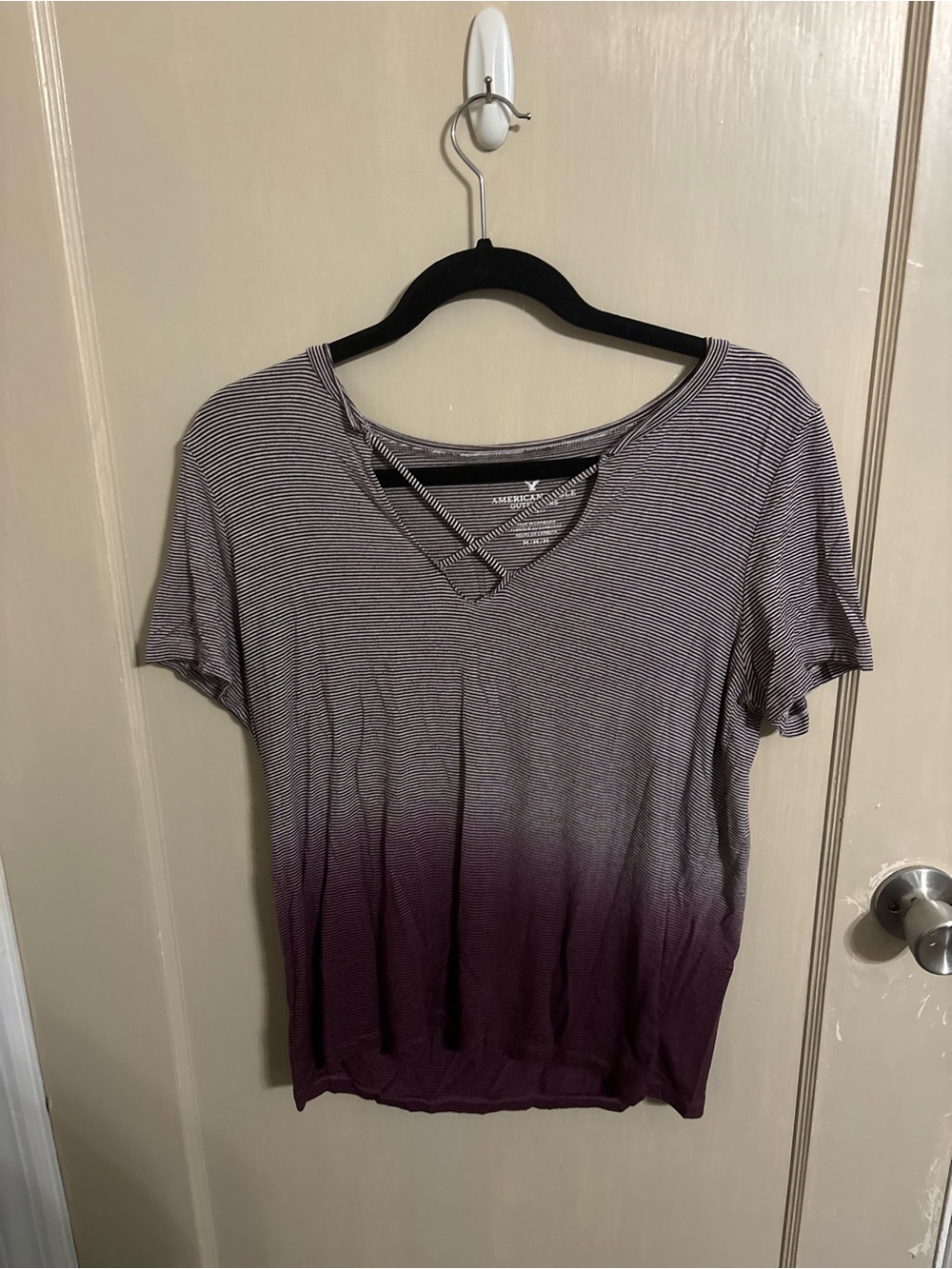 American Eagle Outfitters Striped V-Neck Short Sleeve Tee - Purple Ombre